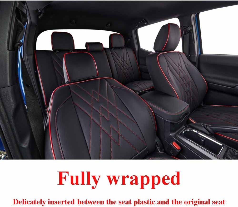 EKR Custom Fit Tacoma Car Seat Covers for Select Toyota Tacoma 2016 2017 2018 2019 2020 2021 2022 2023 Double Cab/Crew Cab - Full Set,Leather(Black with Red Trim)