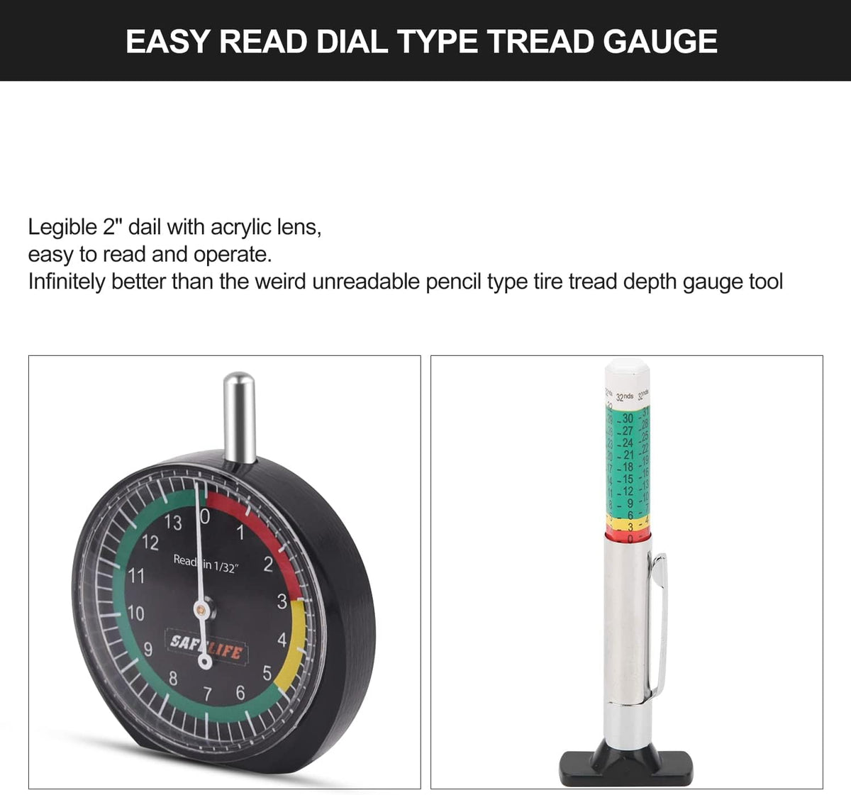 SAFELIFE Tire Tread Depth Gauge, Dial Type Tire Tread Depth Gauge Professional for Motorcycle, Car,Truck and Bus,Easy Reading Tyre Tread Depth Gauge in 32nds