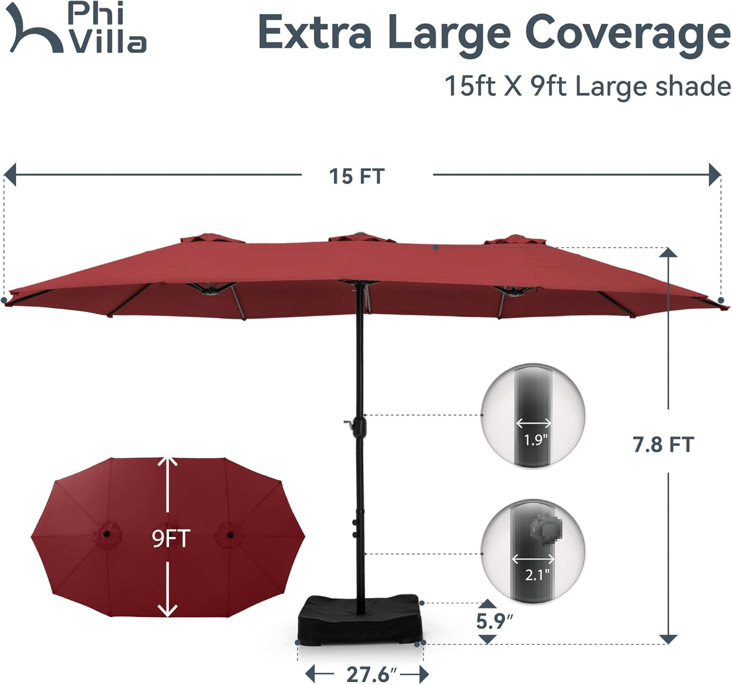 PHI VILLA 15ft Patio Umbrella Double-Sided Outdoor Market Extra Large Umbrella with Crank, Umbrella Base Included (Dark Red)