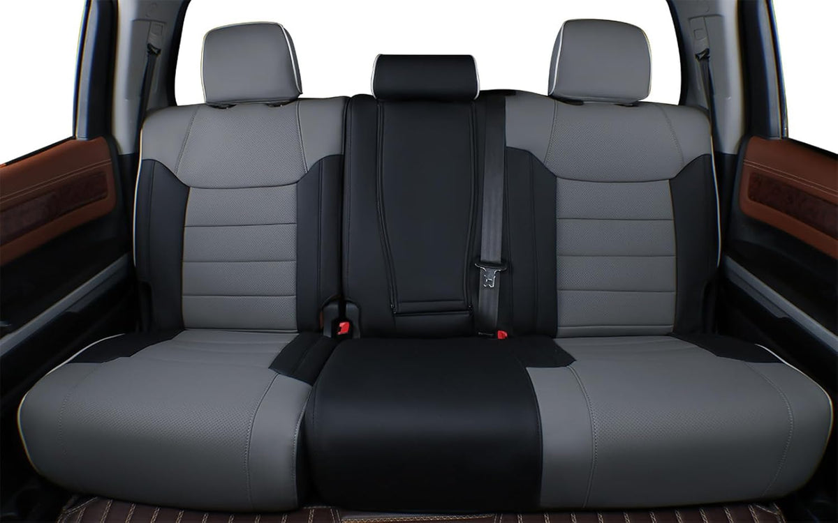 EKR Custom Fit Tacoma Leather Car Seat Covers for Select Toyota Tacoma 2012 2013 2014 2015 (TRD Sport Seats)- Full Set, Leathere (Black/Gray)