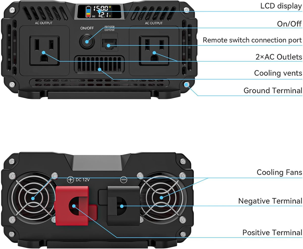 ALLWEI 1500W Pure Sine Wave Inverter 12V DC to 110V AC Converter, Surge 3000W | Power Inverters for Vehicles with 2 AC Outlets, RV Truck Boat Home Outdoor & Off-Grid Solar Inverter, Smart LCD Display
