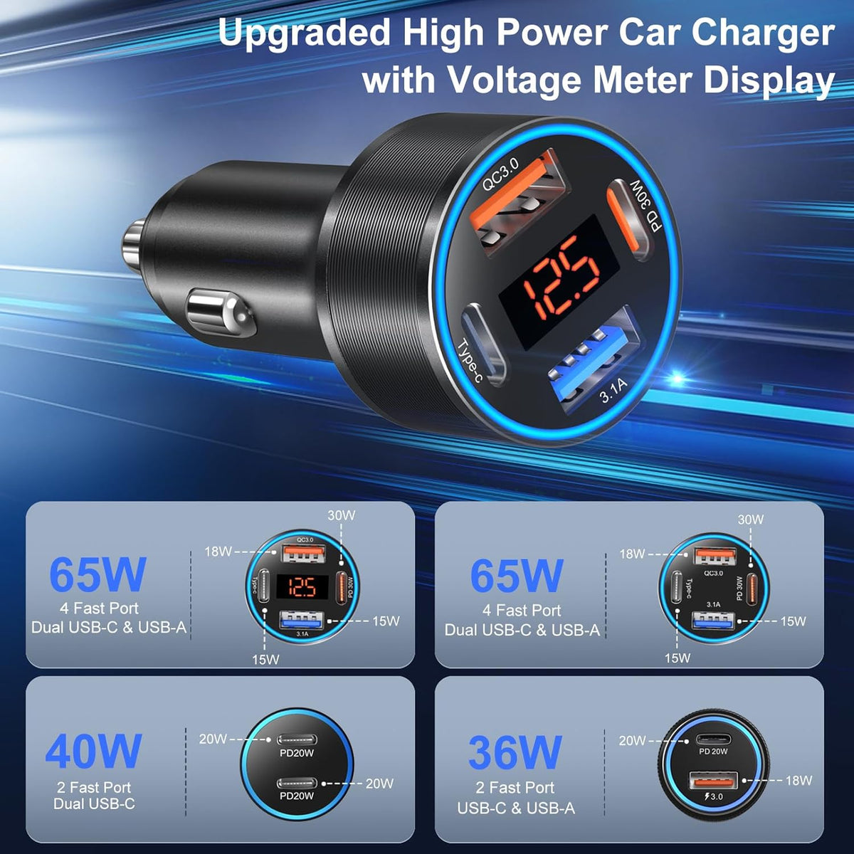 USB C Car Charger, 4-Port 65W Dual 12V USB-A & USB-C Car Phone Charger with Voltmeter PD/QC 3.0 Fast Charging Cigarette Lighter Adapter for iPhone 16e 15 14 13 12 11 Pro Max,Samsung, Android(Black)