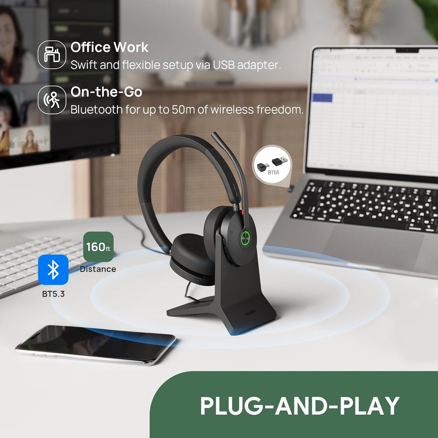 Yealink BH74 with Stand Active Noise Canceling Wireless Headset with Mic for Work, 6-mics Hybrid ANC Microsoft Teams Premium Open Office Certified Headsets Bluetooth 5.3, up to 32h Talk, UC Compatible