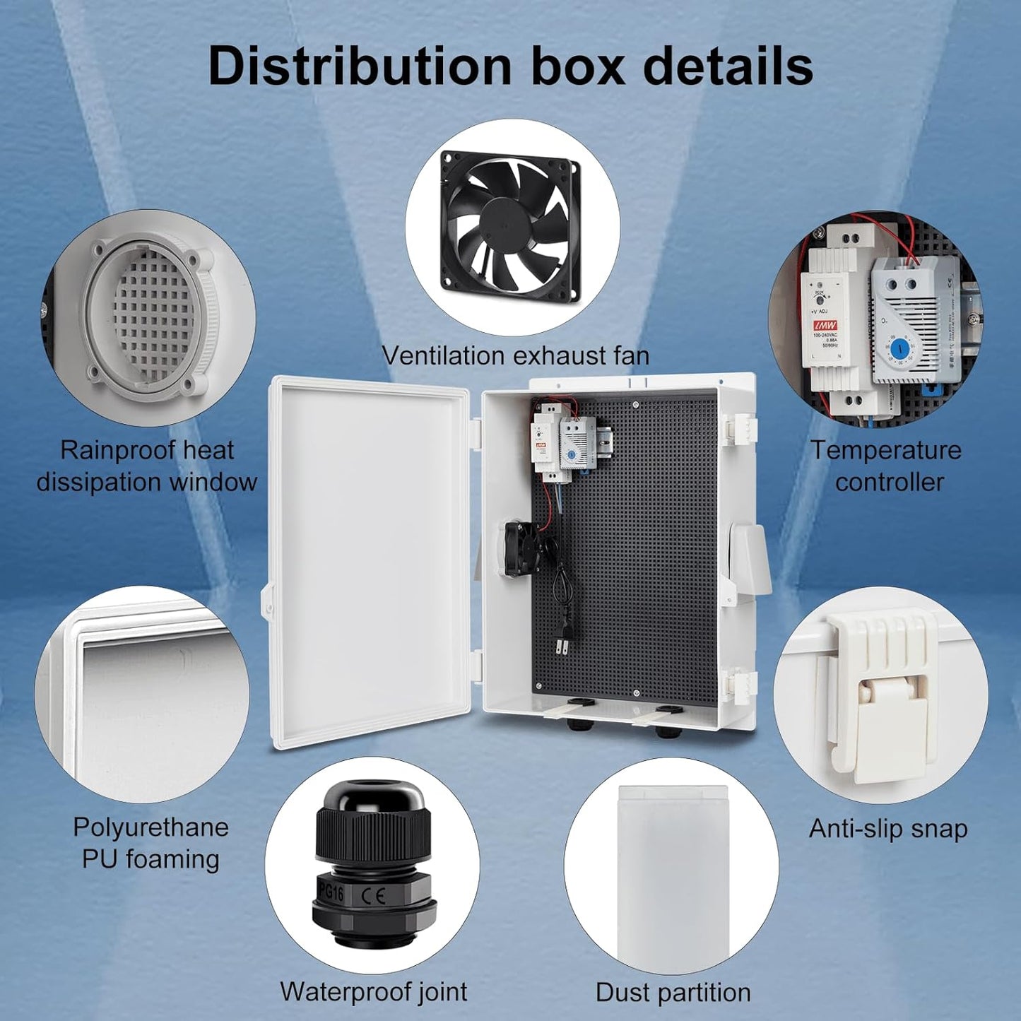 Outdoor Electrical Junction Box, ABS Water Resistant Enclosure with Internal Mounting Panel & Hinged Cover (16"H* 12"L* 5.9"W & Thermostat)