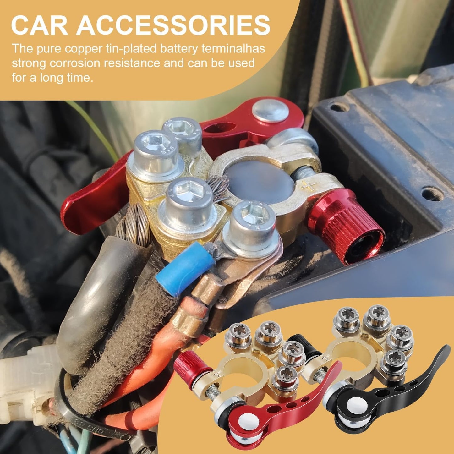 SINGARO Car Battery Terminal Connector, 4 Way Positive and Negative Pole Quick Release Terminal Clip, Applicable to SAE/JIS A Type Terminal Post, Compatible with Cars, Trucks and More(Gold-A)