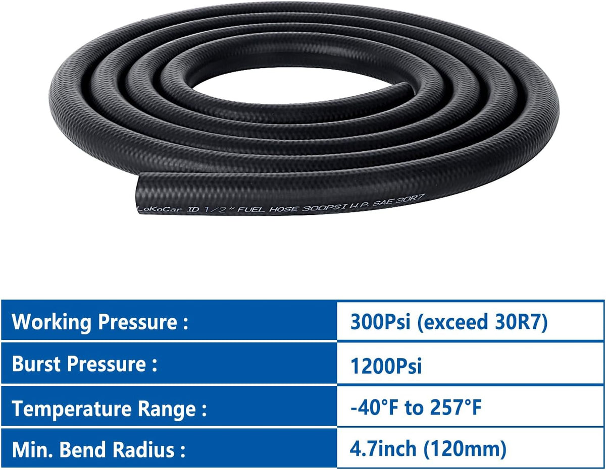 LokoCar Rubber Fuel Hose Line Push Lock 1/2" ID SAE 30R7 NBR 5ft 300PSI Black