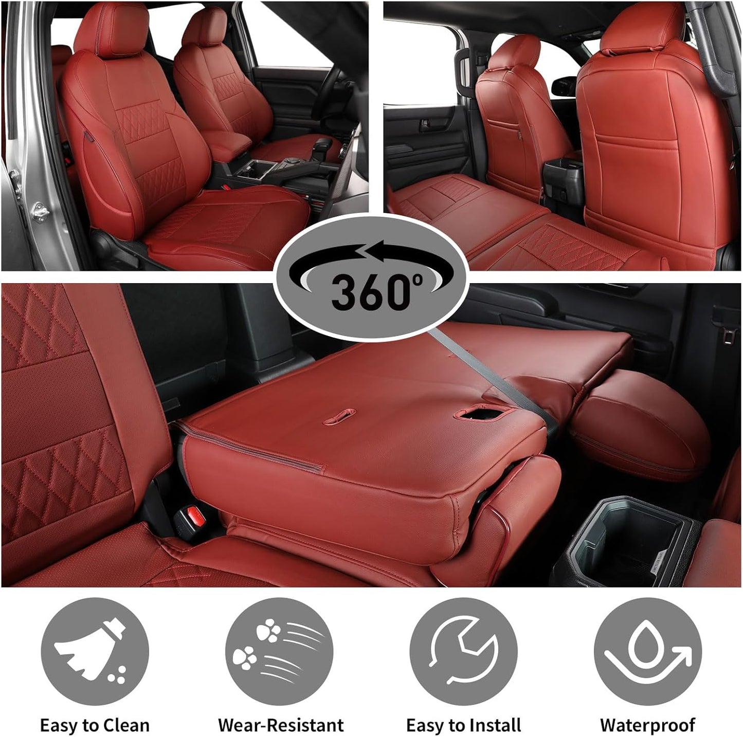 EKR Tacoma Seat Covers for Toyota Tacoma (Only for Hybrid) 2024 2025 Double cab TRD Sport,TRD Off-Road,Limited,Trailhunter - Car Seat Cover Full Set for Trucks,Leather(Burgundy)