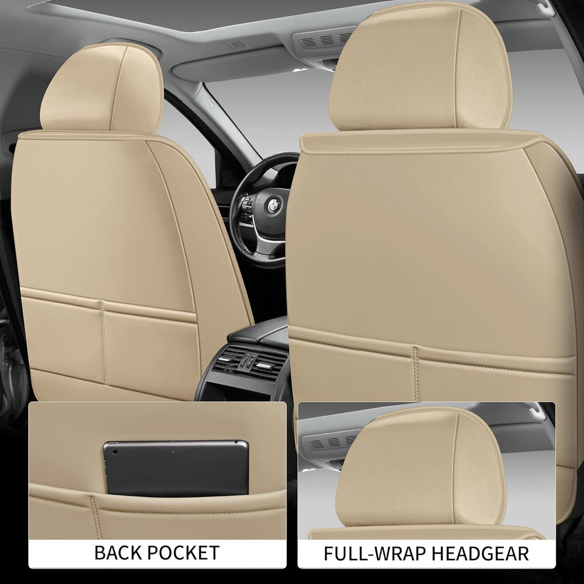 Car Seat Covers Full Set, Black Seat Cover for Cars Compatible Airbag, Easy Install Luxury Leather Automotive Seat Covers with Lumbar Support, for Car, Truck, SUV, Beige