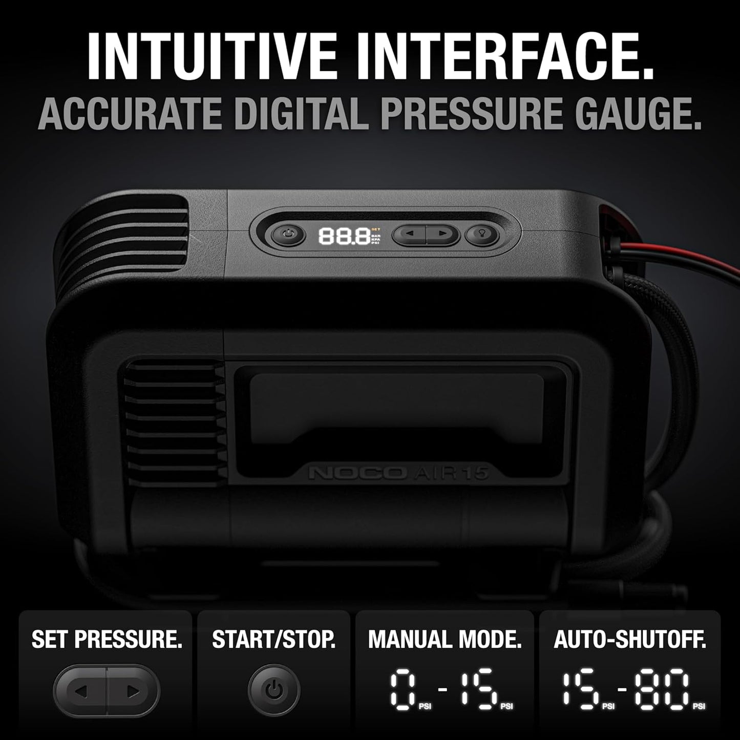 NOCO AIR15: UltraFast 15A Tire Inflator - 12V Portable Air Compressor Pump, 80 PSI Max – 44 SLPM Airflow Inflates 0–40 PSI in 2.9 Minutes – Digital Gauge + Auto-Shutoff