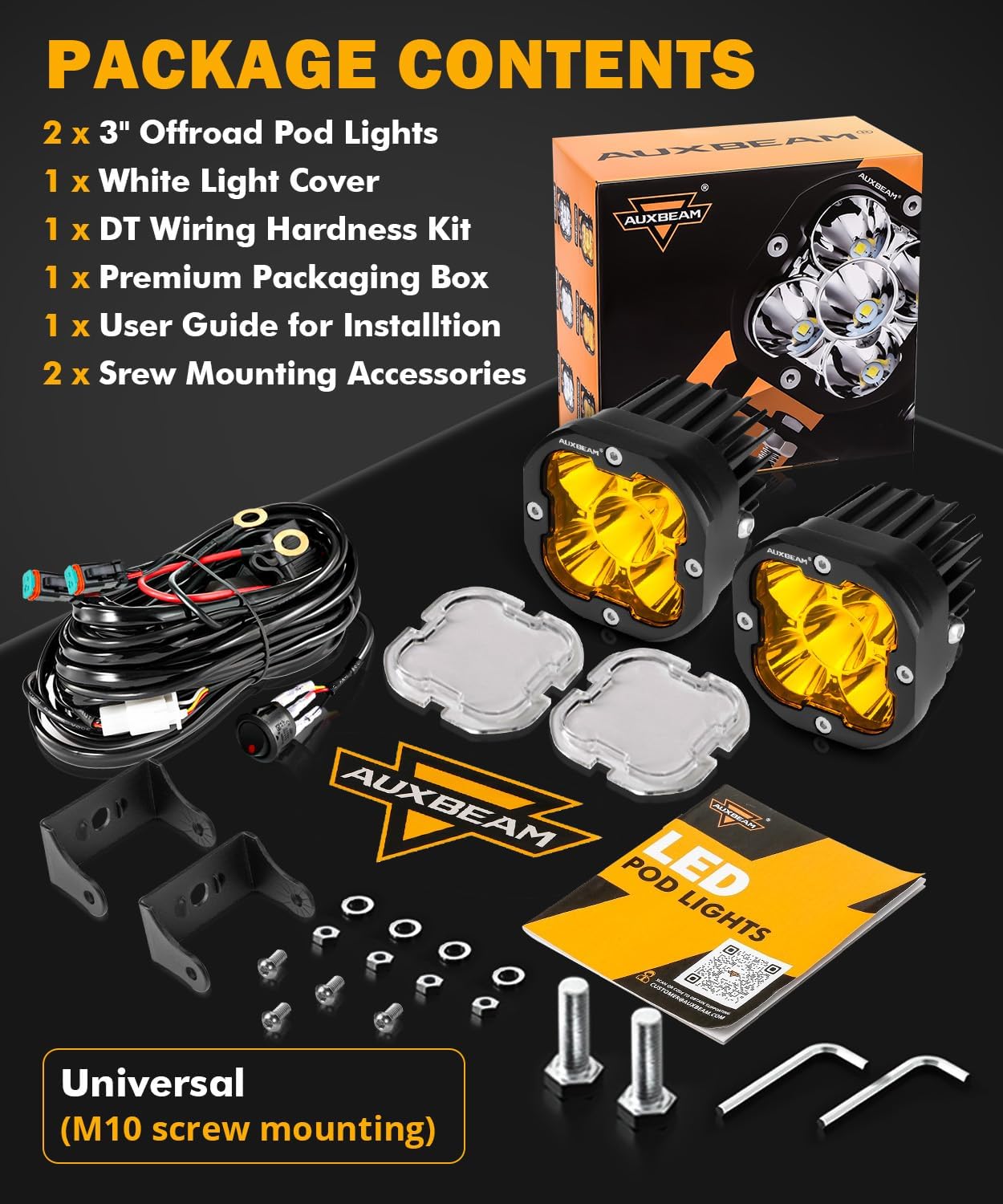 Auxbeam 3 Inch LED Pods, XP-Ultra Series Offroad LED Cube Light, 80W 9600LM Spot Beam White Spotlight Amber Fog Ditch Lights Auxiliary Driving Lights for 4×4 Jeep Truck ATV UTV, Pair