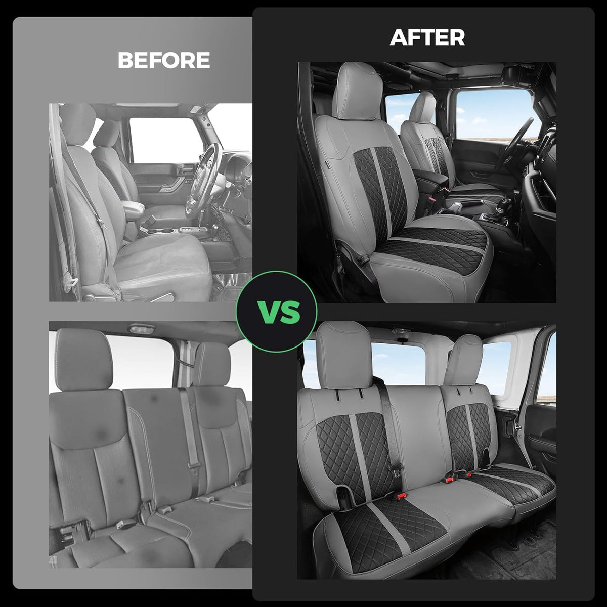 for Jeep Wrangler Seat Covers 4Door JK 2013 2014 2015 2016 2017, Custom Fit Car Seat Cover Full Set, Luxury Leather Seat Protectors, Waterproof SUV Interior Cushions Accessories, Gray Black