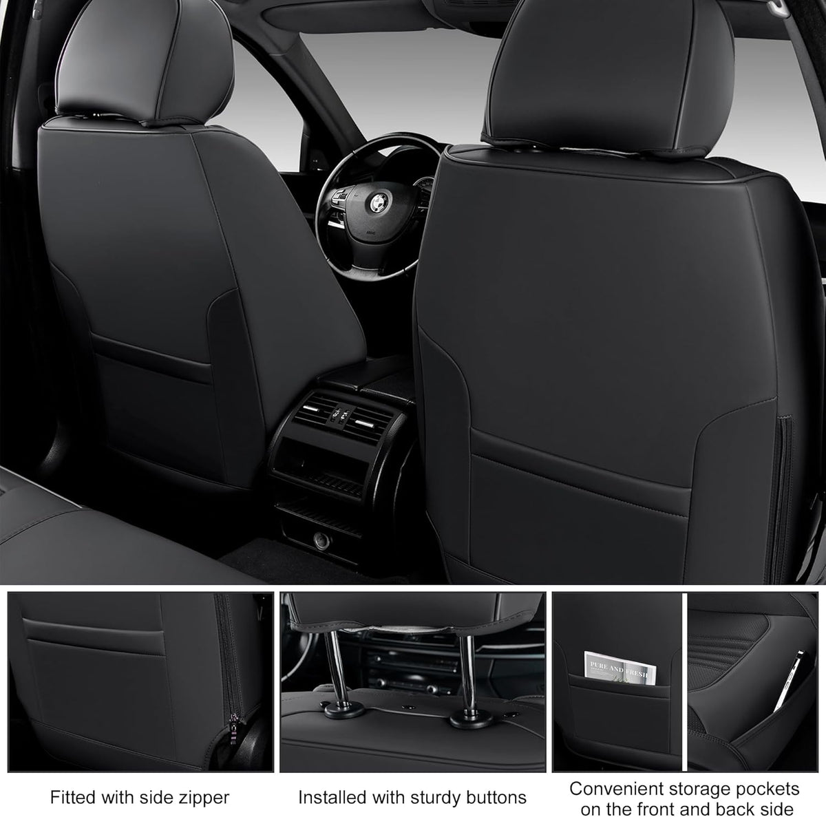 Front Seat Covers, 2 Pieces Universal Seat Covers for Cars, Waterproof Leather Auto Seat Protectors with Head Pillow, Car Seat Cushions Fit for Most Sedans SUV Pick-up Truck, Black