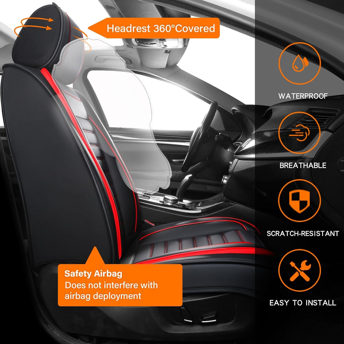 Car Seat Covers Full Set, Universal Faux Leather Car Seat Covers, Waterproof Breathable Automotive Seat Covers for Most Sedans SUV Trucks, Wine Red