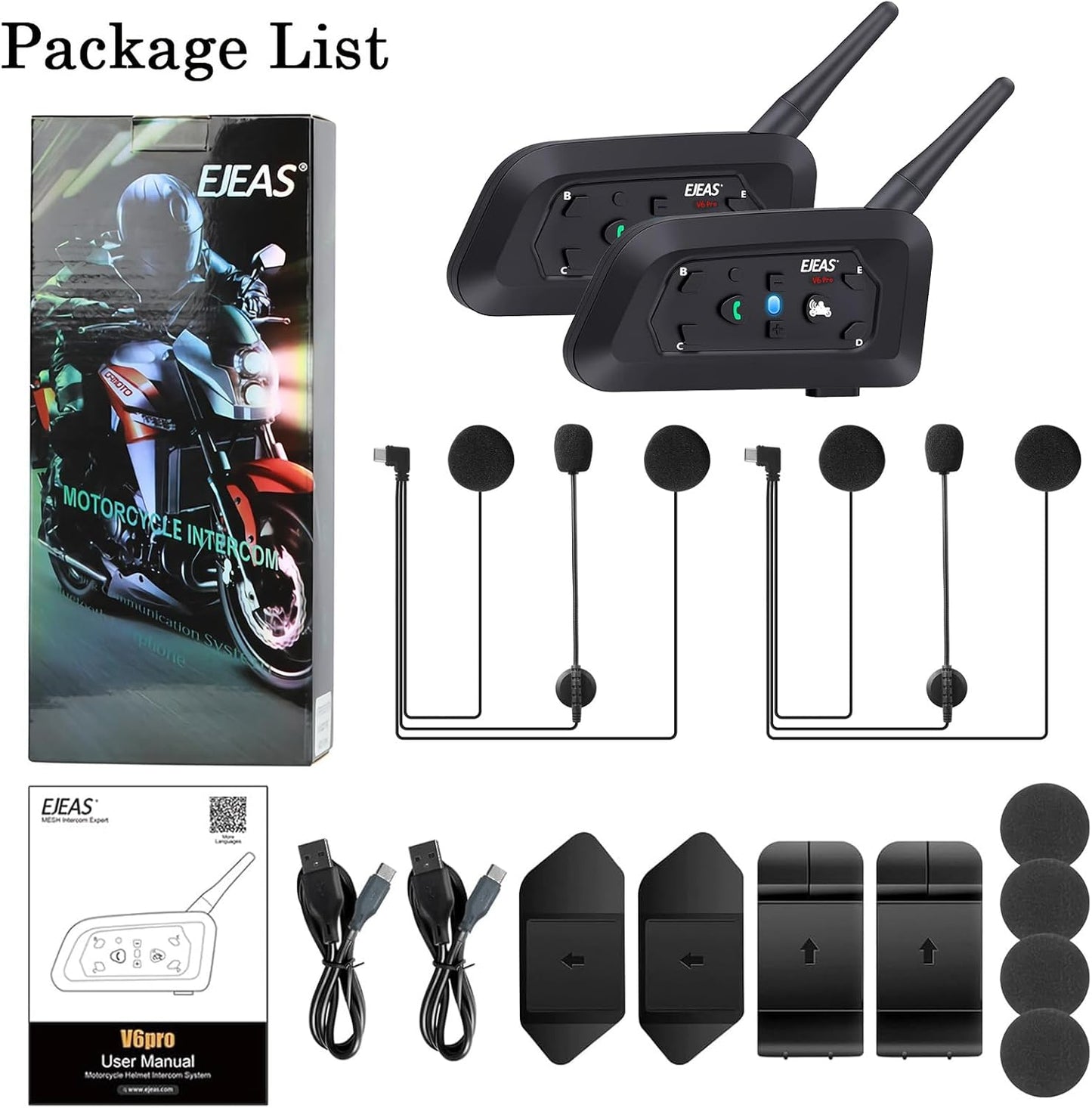 V6 Pro Motorcycle Helmet Bluetooth Intercom Headset 1200M 2 People Full Duplex Wireless Motorbike Interphone Connect Up to 6 Riders for Motorcycling Skiing and Climbing (2 Pack)
