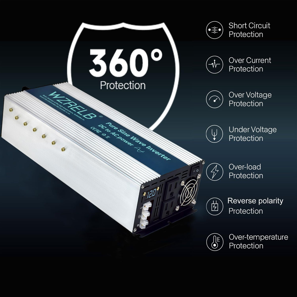 WZRELB 4000W Pure Sine Wave Inverter, Car Power Inverter 12V DC to 110V 120V AC Converter for RV, Truck, Solar, Outdoor with Dual AC Outlets, Hardwire Port, Surge 8000W, LED Display,Off-Grid