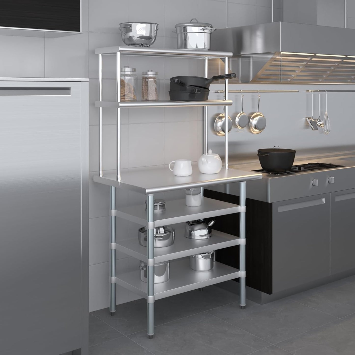 Amgood 24" x 36" Stainless Steel Work Table with 3 Shelves and 12" Wide Double Tier Overshelf | Metal Kitchen Prep Table & Shelving Combo | NSF