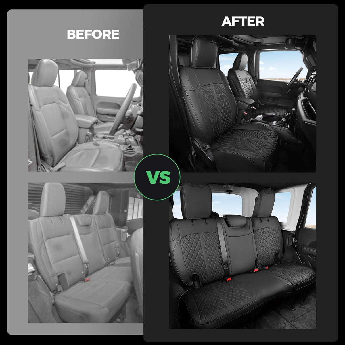 for Jeep Wrangler Seat Covers 4Door JL 2018 2019 2020 2021 2022 2023 2024 2025, Custom Fit Car Seat Cover Full Set, Luxury Waterproof Leather Seat Protectors, Black, W/O Rear Cup Holder
