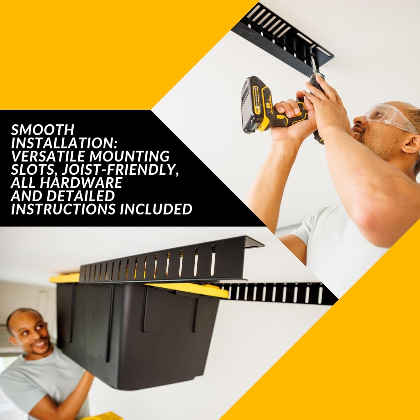 Overhead Bin Rack - Ceiling Mount Overhead Garage Rack | Adjustable Width and Orientation | Heavy Duty Ceiling Bin Storage Rails | Fits Black & Yellow Storage Bins | USA Designed (8 Bins)