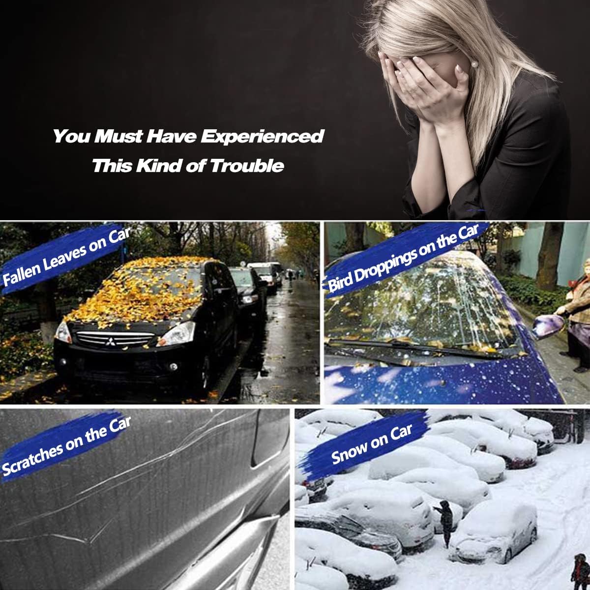 AUQDD 6-Layers PEVA New Material Sedan SUV Full Padded Car Cover Waterproof All Weather Weatherproof UV Sun Protection Snow Dust Storm Resistant Outdoor Exterior Custom Form-Fit Straps 165"-179" Black
