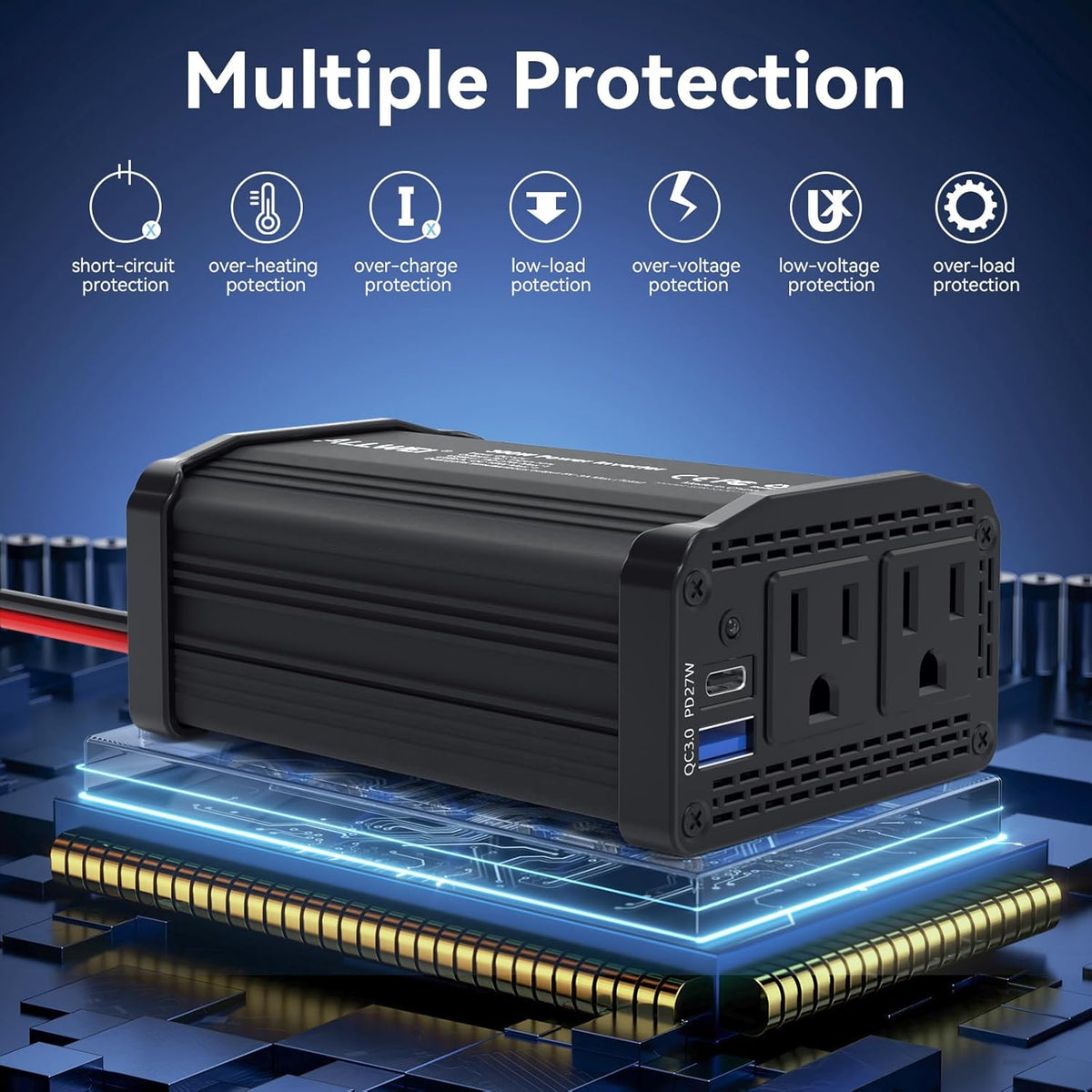 300W Car Power Inverter 12v to 110v, Car Plug in Adapter Outlet with PD 27w USB-C and Fast Charger 18w USB-A, Car Outlet Adapter, Car Converter to Outlet Plug, Power Inverters for Vehicles (Black)