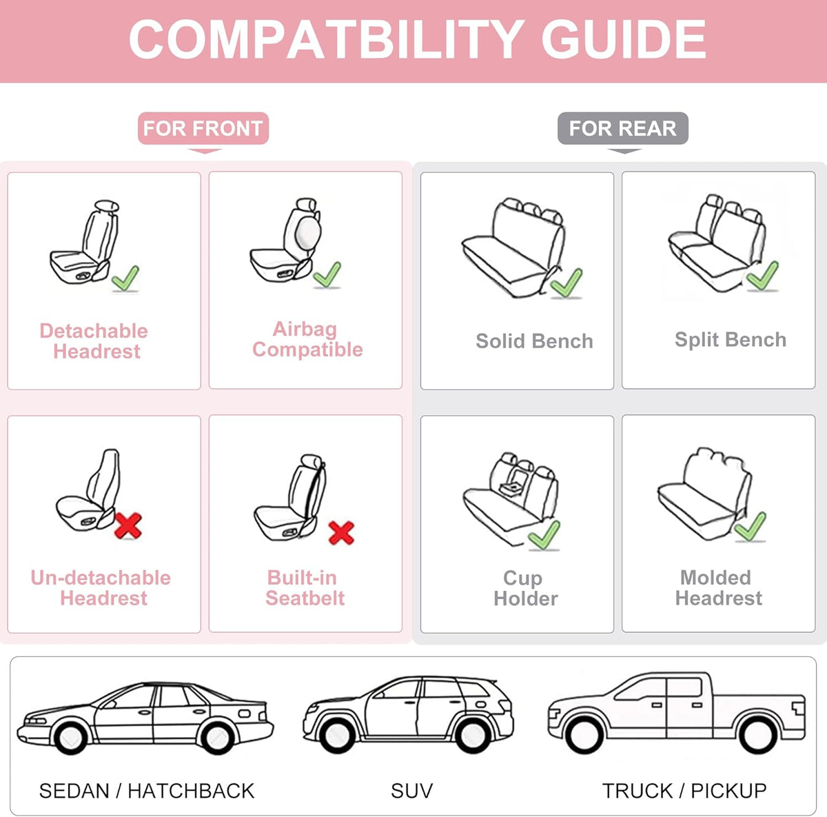 Front Seat Covers, 2 Pieces Universal Seat Covers for Cars, Waterproof Leather Auto Seat Protectors with Head Pillow, Car Seat Cushions Fit for Most Sedans SUV Pick-up Truck, Pink
