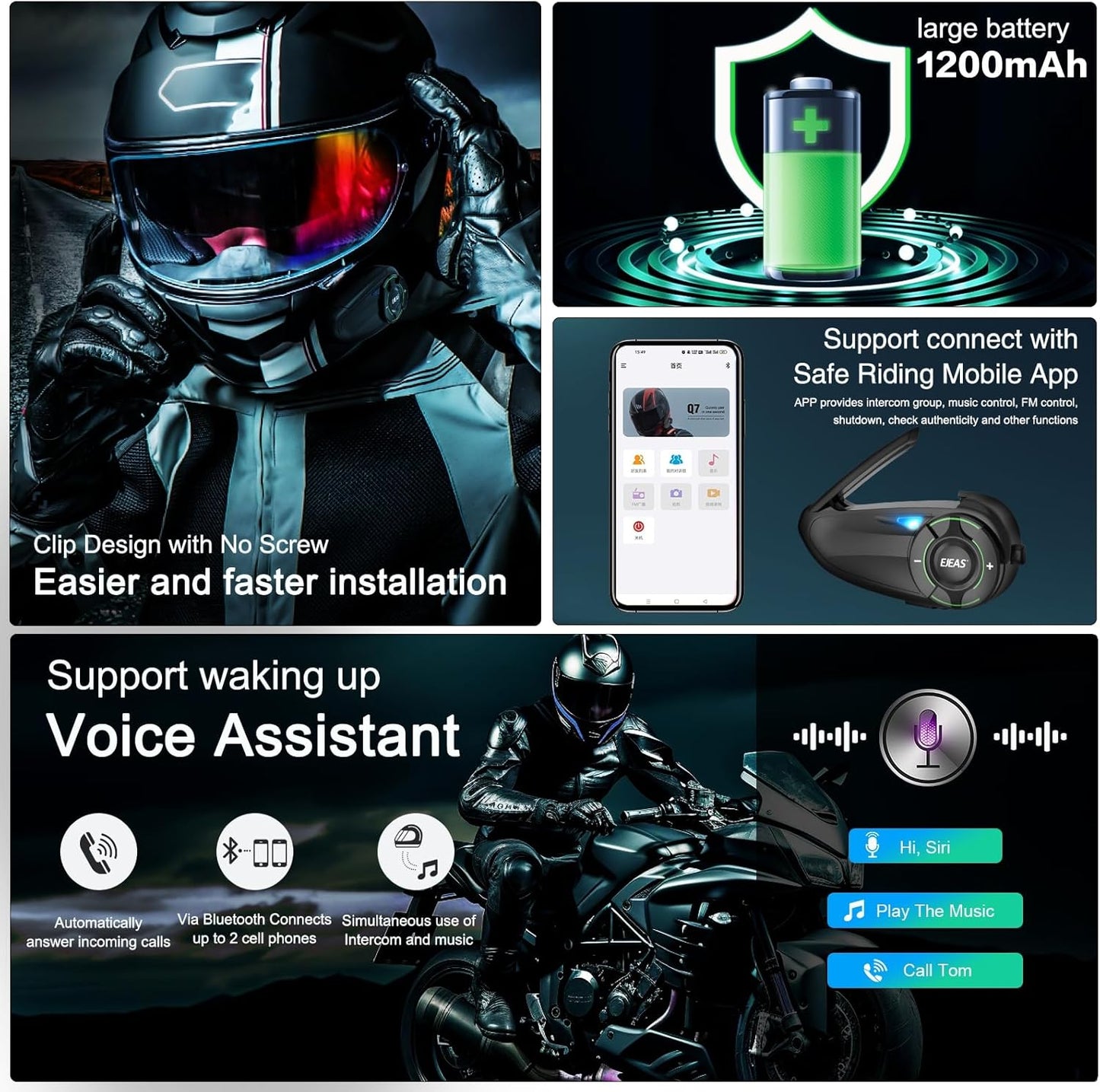 Mesh 3.0 Motorcycle Bluetooth Headset, 6 Riders Group V5.1 Helmet Bluetooth with Music Sharing and CVC Noise Cancellation, IP67 Waterproof Helmet Intercom Communication System(2 Pack)