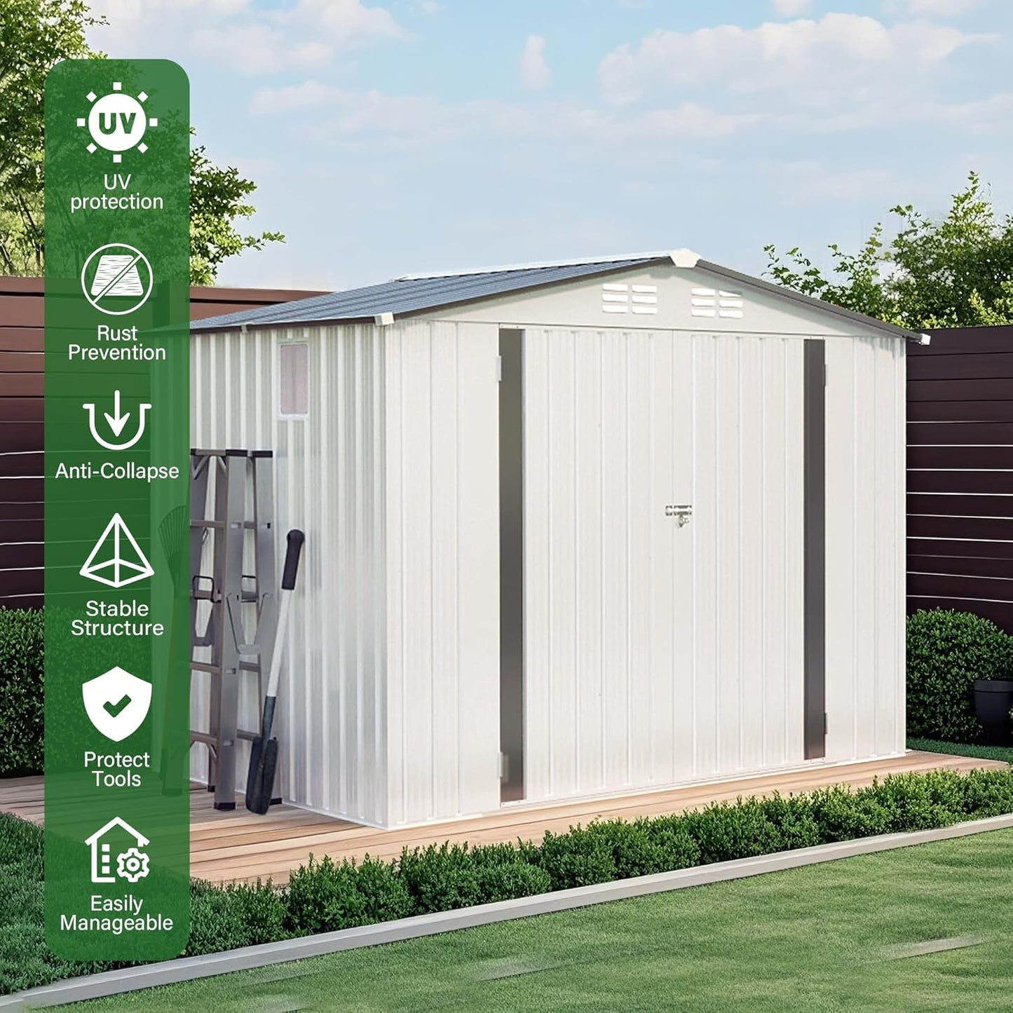 8X6 FT Outdoor Storage Shed with Window, Metal Garden Sheds w/Lockable Door and Vents, Waterproof Steel Tool House for Backyard, Patio, Lawn, Sundries & Utility Storage, White