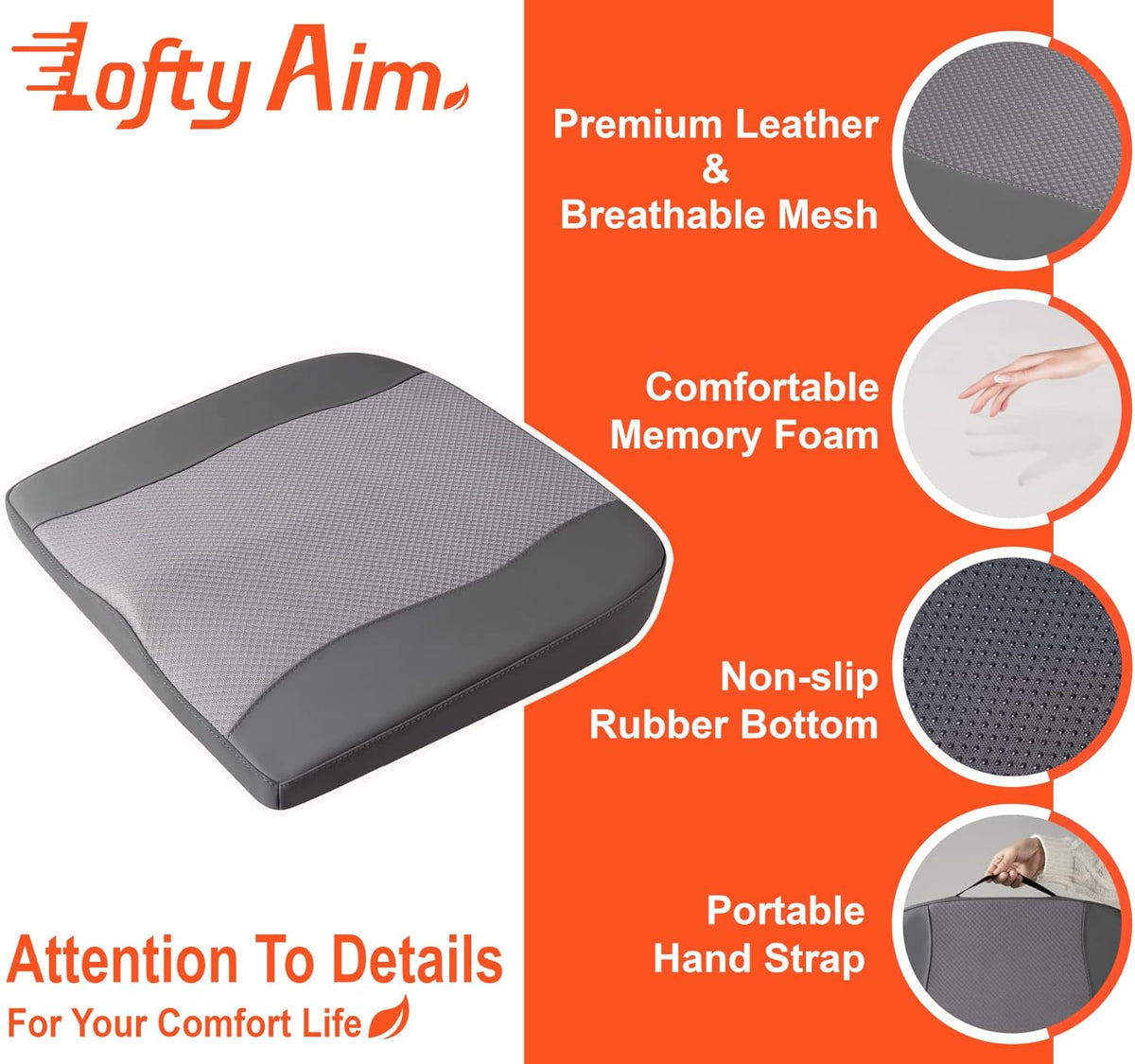 Car Seat Cushion, Comfort Memory Foam Car Cushions for Driving - Sciatica & Lower Back Pain Relief, Driver Seat Pillow for Auto, Office Chair, Wheelchair - Dark Grey