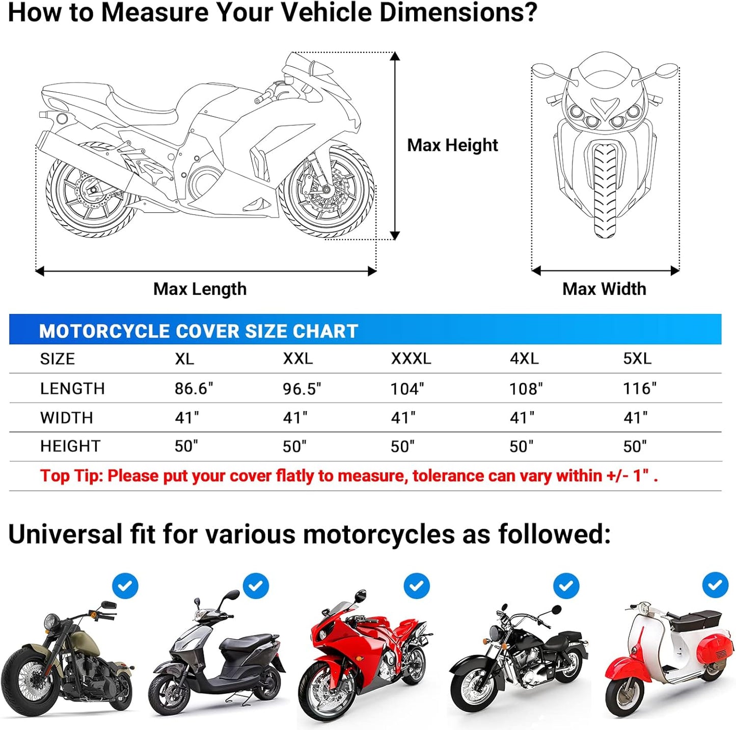 Favoto Motorcycle Cover All Season Universal Weather Quality Waterproof Sun Outdoor Protection Night Reflective with Lock-Holes & Storage Bag Fits up to 96.5" Motorcycles Vehicle Cover