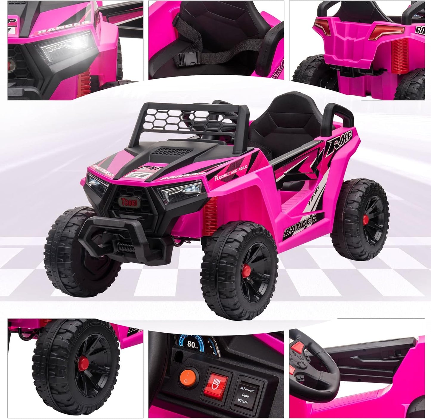TOBBI 12V Kids Ride on Car, Electric Off-Road UTV Truck with Diverse Functions, Double Open Doors, Safety Belt, Horn, Music, and Lights for Kids Aged 3-5 Years (Rose Red)