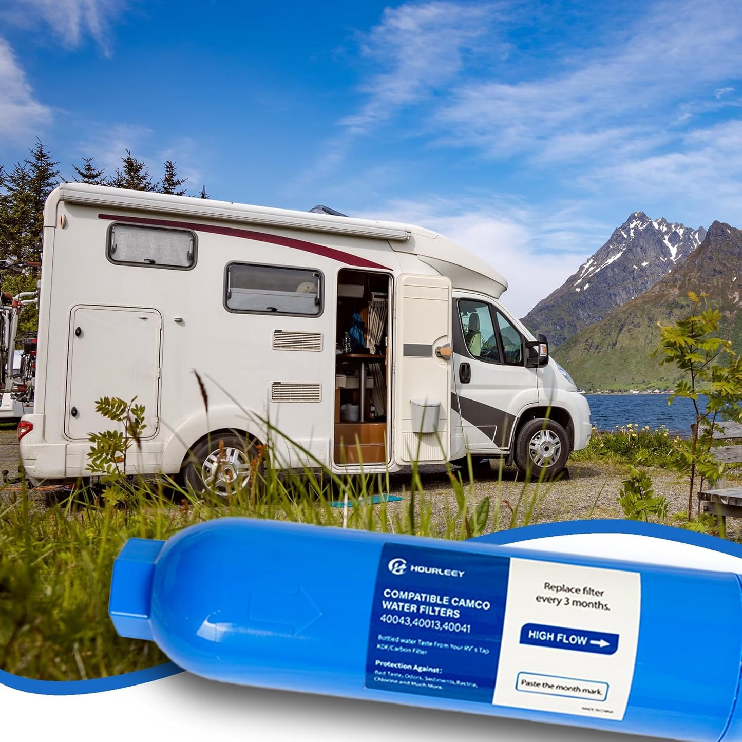 Hourleey 4 Pack RV Inline Water Filter with 2 Flexible Hose Protector, Reduce Bad Taste, Odors, Rust, Fluoride, Chlorine and Sediment in Drinking Water, Dedicated for RVs Campers Marines