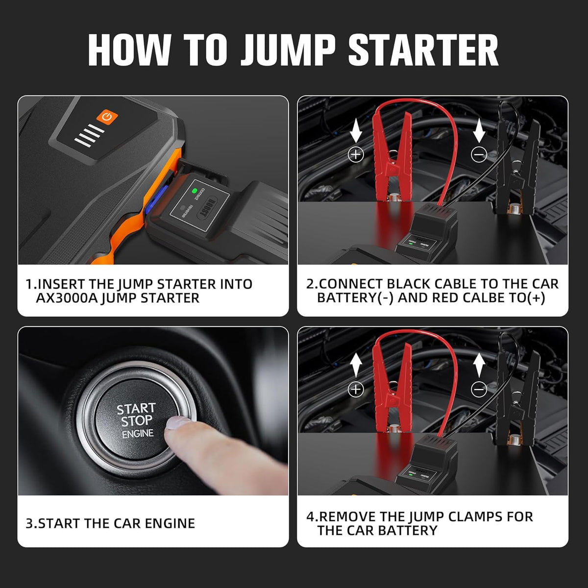 ASPERX 3000A Jump Starter for Car Battery, 12V Portable Jump Box with LED Light & Smart Jumper Cables, BMS for Up to 10.0L Gas or 8.0L Diesel Engines