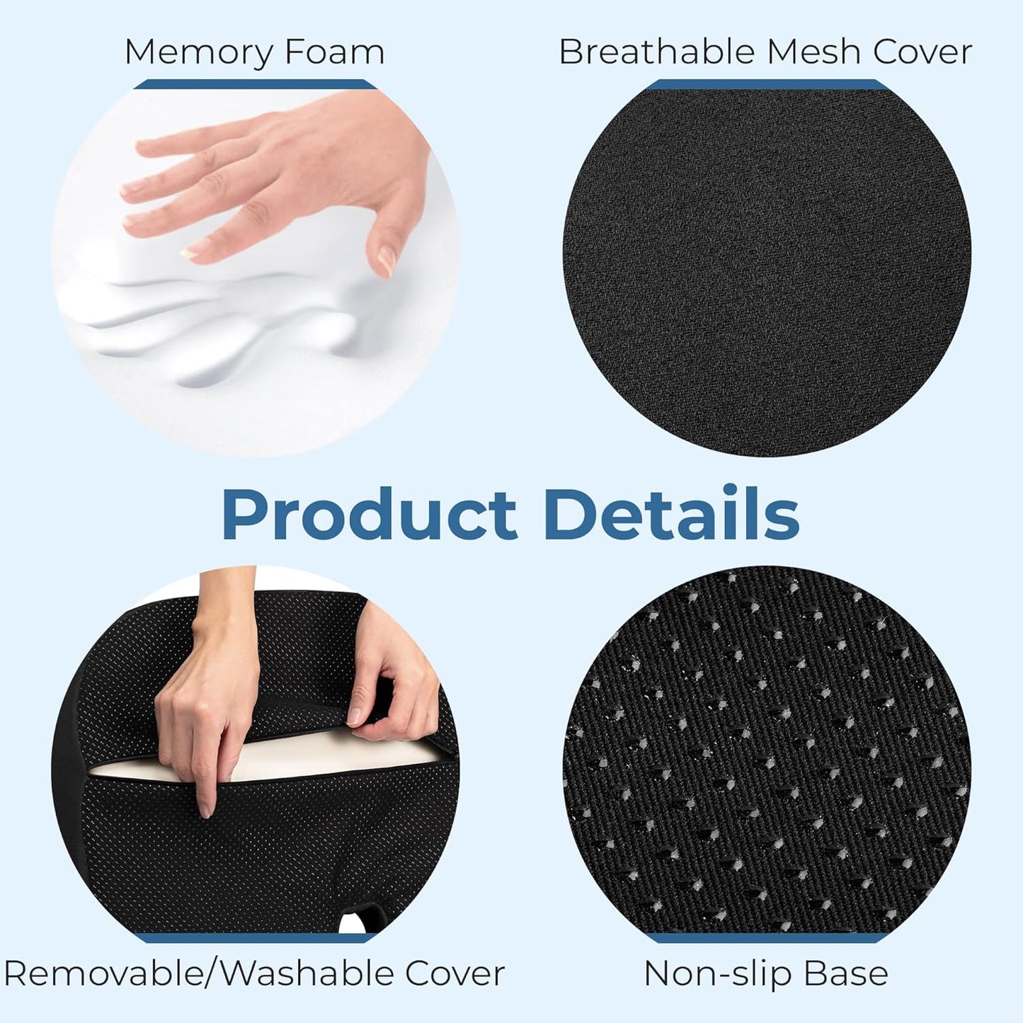 5 STARS UNITED Seat Cushion for Tailbone Pain Relief โ Large Memory Foam Lifting Pillow for Coccyx, Hip, Sciatica & Post-Surgery Recovery โ Wheelchair, Car, Desk, Gaming & Office Chairs, Black