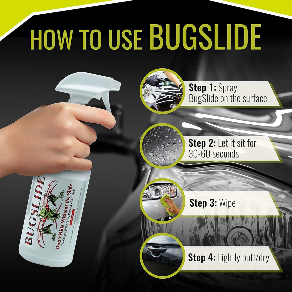 BugSlide 32 Oz Car Detailing Kit with Microfiber Towel – Exterior or Interior Car Cleaner and Waterless Detailer Spray – Clean, Polish, Shine, and Degrease, Never Wax Again – Easy to Use
