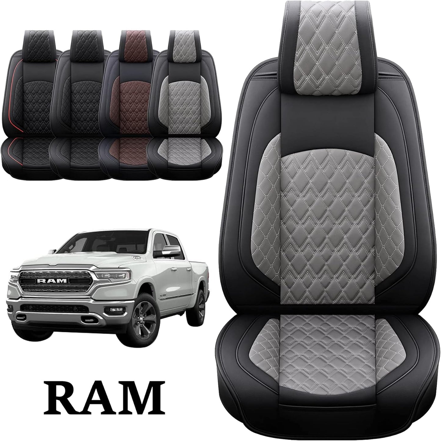 JOJOBAY Car Seat Covers for Dodge Ram Full Set,Fit Ram 2009-2025 1500/2500/3500 Pick-up Truck,Crew,Regular,Quad,Mega Cab,Waterproof Leather Seat Covers Protectors(5 PCS Full Set,Black-Grey)