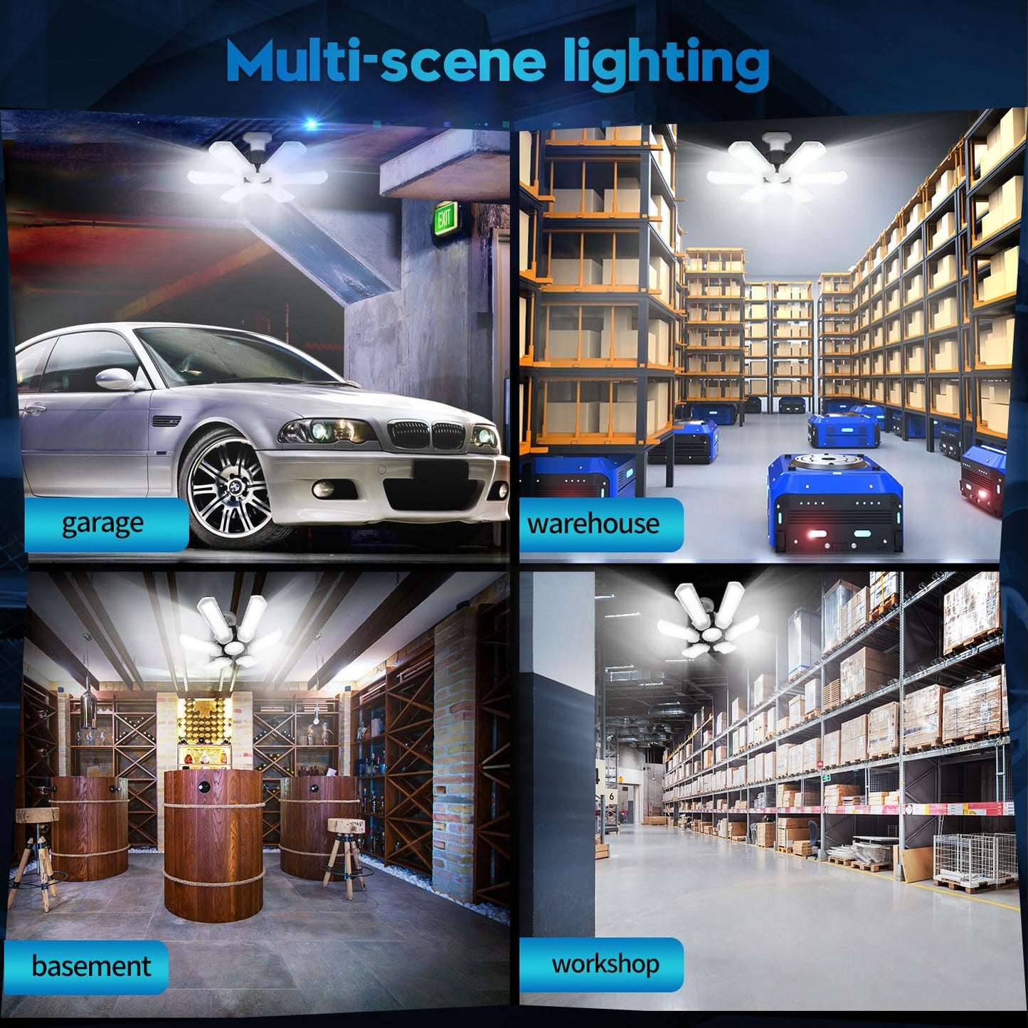 TANBABY Upgrade LED Garage Light, 150W Deformable Ceiling LED Shop Light, 15000LM E26/E27 Garage Lighting with 6+1 Adjustable Panels Bulb for Basement (1pack)