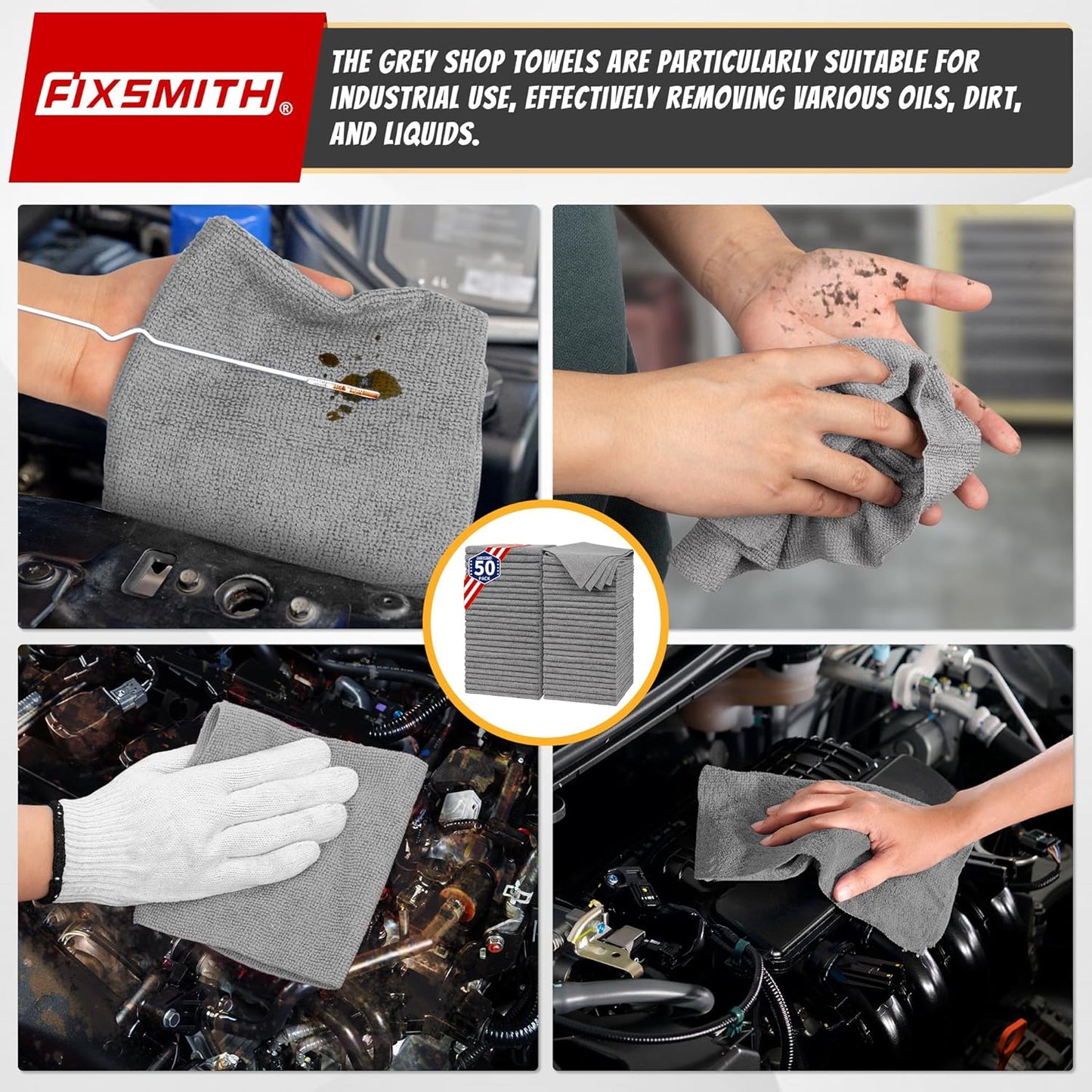 FIXSMITH Shop Towels, Pack of 50, Grey Microfiber Cleaning Cloth Bulk, Microfiber Towels for Cars, All-Purpose Absorbent Cleaning Rags, Dust Cloth for Automotive, Mechanic, Garage, 11.5 x 11.5 inch
