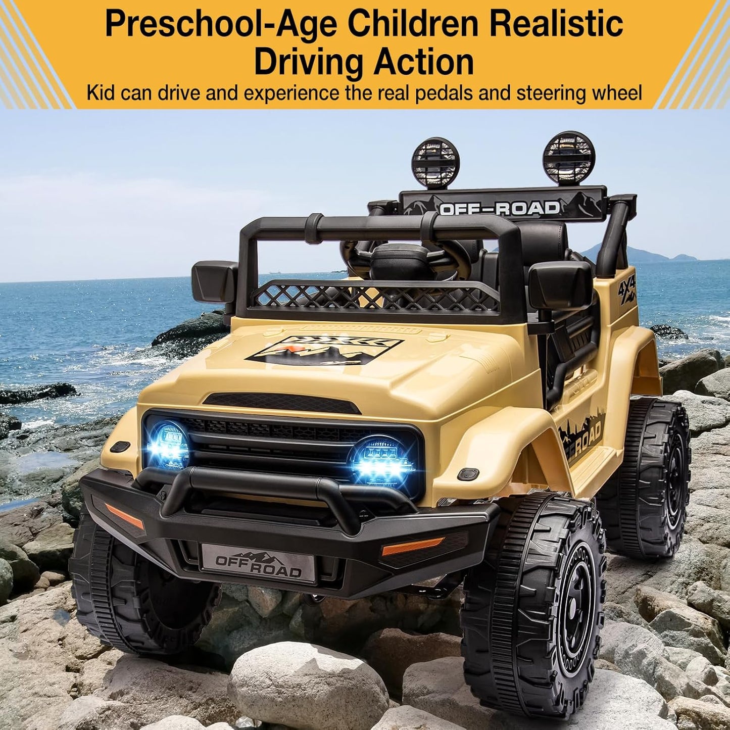 Garvee 12V Kids Ride On Truck Car with Remote Control - Electric Ride On Toys for Toddlers, Spring Suspension, 3 Speeds, LED Lights, Bluetooth Music & Parent Safety Brake