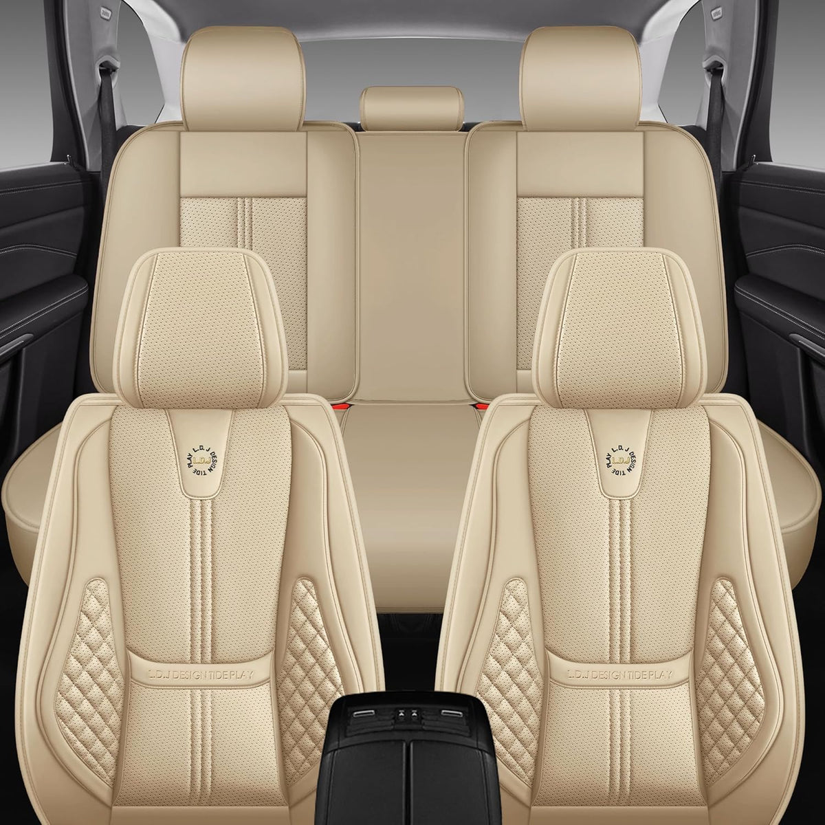 Car Seat Covers Front Only, Black Seat Cover for Cars Compatible Airbag, Easy Install Luxury Leather Automotive Seat Covers with Lumbar Support, for Car, Truck, SUV, Beige