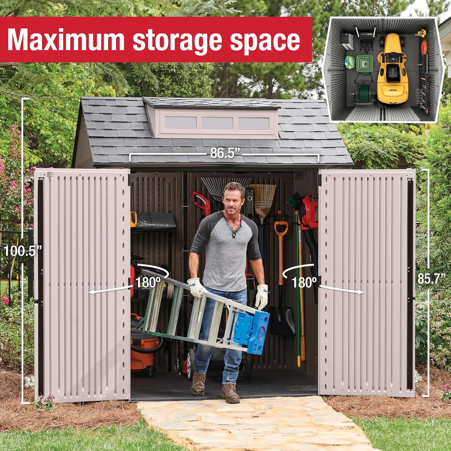 Rubbermaid Large Resin Outdoor Storage Shed With Floor (7 x 7 Ft.), Weather Resistant, Brown, Organization for Home/Lawn Mower/Backyard Equipment/Bike Storage/Pool Supplies