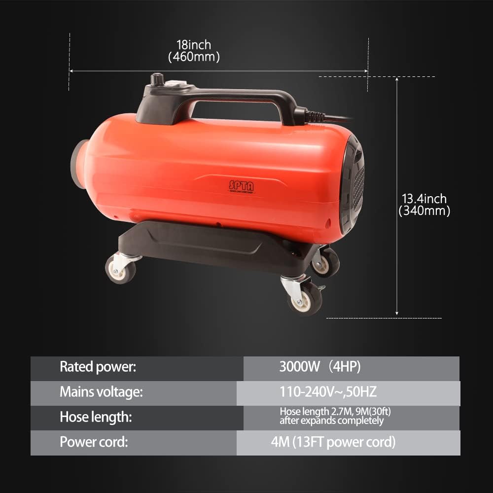 SPTA Air Cannon Car Dryer Blower, 3000W Auto Car Wash Dryer, Air Cannon Car Dryer with 4 Wheels&30-Foot Flexible Hose, Filtered Car Air Dryer, Drying for Car Wash Water Drying, Dusting -S Series Item