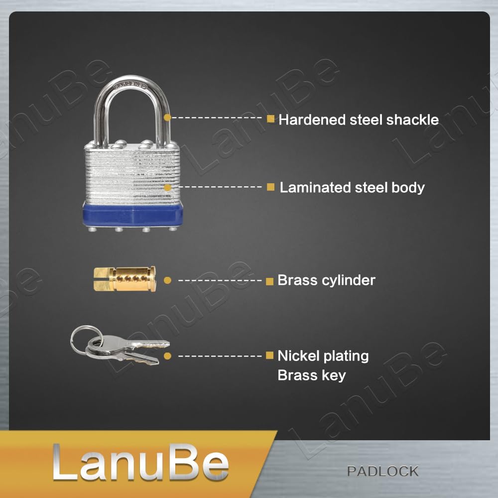 LanuBe Lock Laminated keyed Padlock (1-9/16", 40mm), keyed Alike Locks, Normal Shackle,Marked Blue Plastic Hoop, Pack of 6