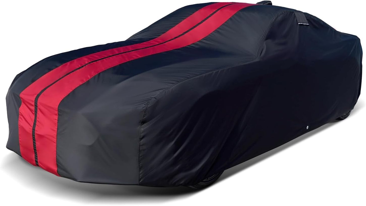 iCarCover Custom Car Cover for Pontiac Parisienne Wagon (1977-1986) Waterproof All-Weather Rain Snow UV Sun Protector Full Exterior Indoor Outdoor Car Cover (Stripe - Black/Red)