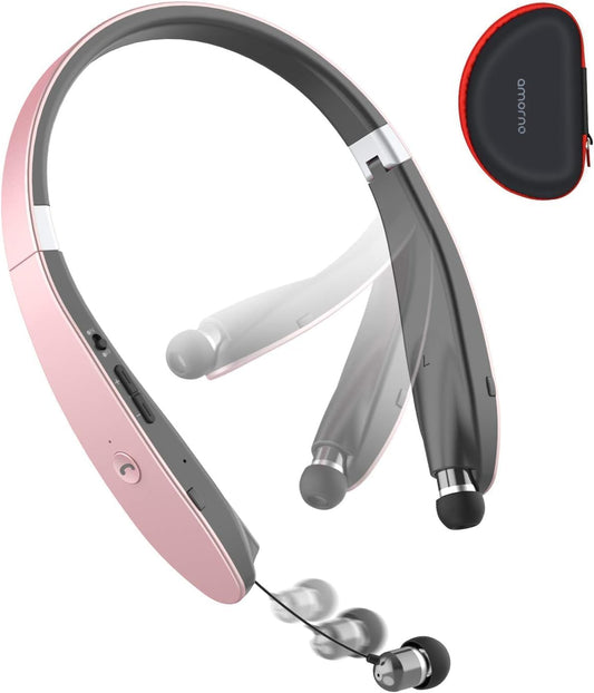 AMORNO Foldable Bluetooth Headphones Wireless Neckband Headset with Retractable Earbuds, Sports Sweatproof Noise Cancelling Stereo Earphones with Mic …