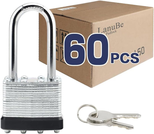 LanuBe Lock Laminated keyed Padlock (1-9/16", 40mm), keyed Alike Locks, Long Shackle,Marked Black Plastic Hoop, Pack of 60