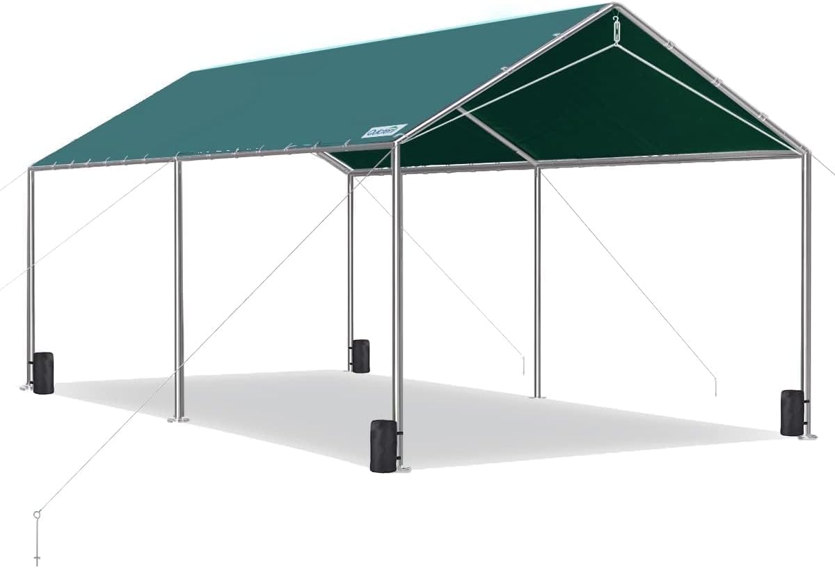 Quictent 10x20 ft Heavy Duty Car Canopy Galvanized Frame Carport Outdoor Party Tent Boat Shelter with 3 Reinforced Steel Cables - Green