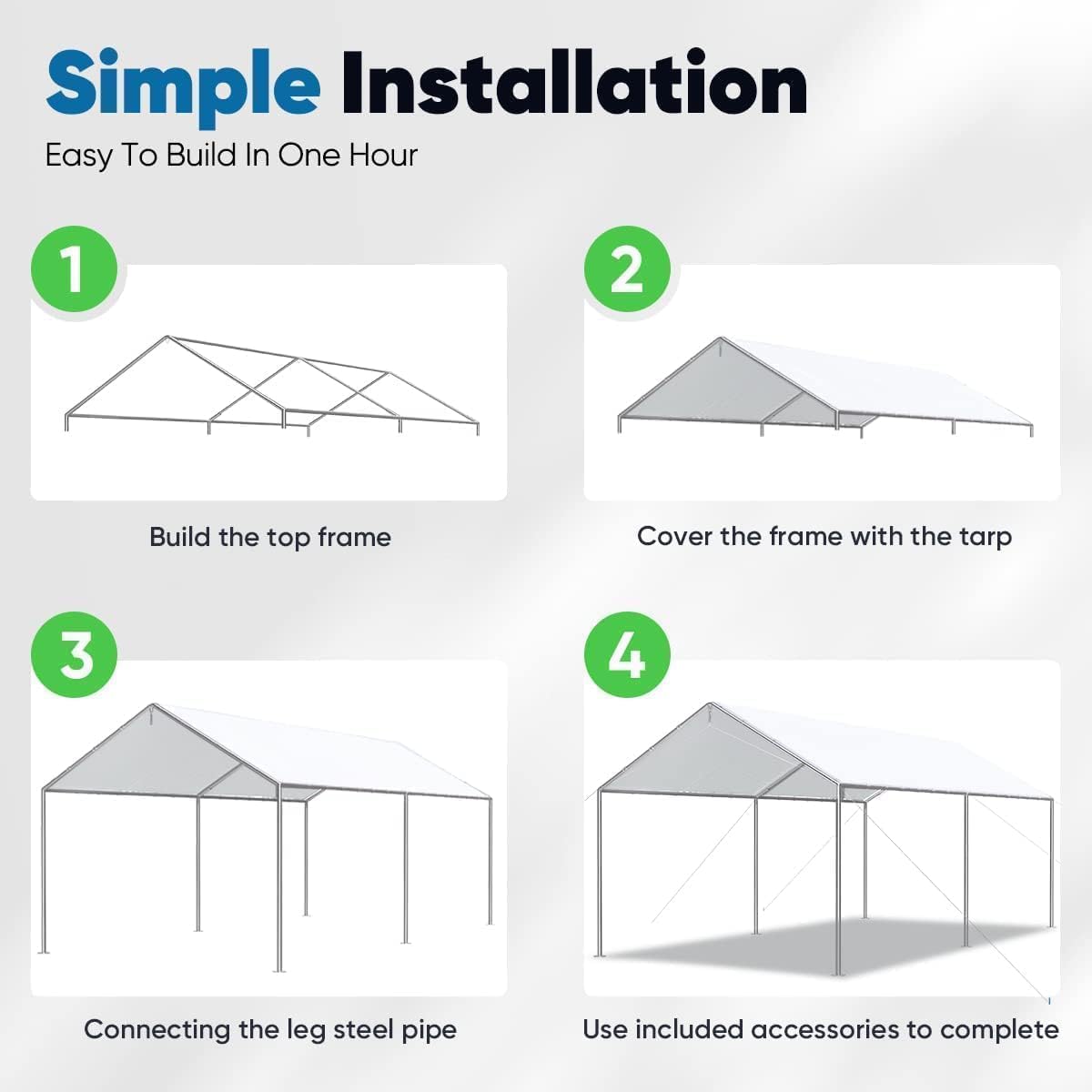 Quictent 10x20 ft Heavy Duty Car Canopy Galvanized Frame Carport Outdoor Party Tent Boat Shelter with 3 Reinforced Steel Cables - White