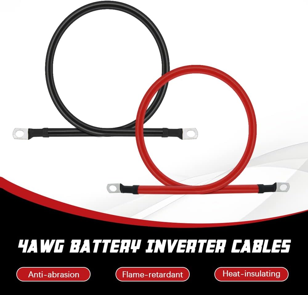4 AWG Battery Cable 6FT 4 Gauge Pure Copper Battery Inverter Cables with 3/8 in Lugs Both Ends Power Inverter Wire Set for Automotive Solar Power Inverter Marine Boat RV Car Motorcycle (6FT)