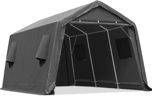 ADVANCE OUTDOOR 10X15 ft Garage Shelter Steel Metal Peak Roof Portable Storage Shed Carport for Motorcycle Boat, or Garden Tools with 2 Roll up Doors & Vents, Gray