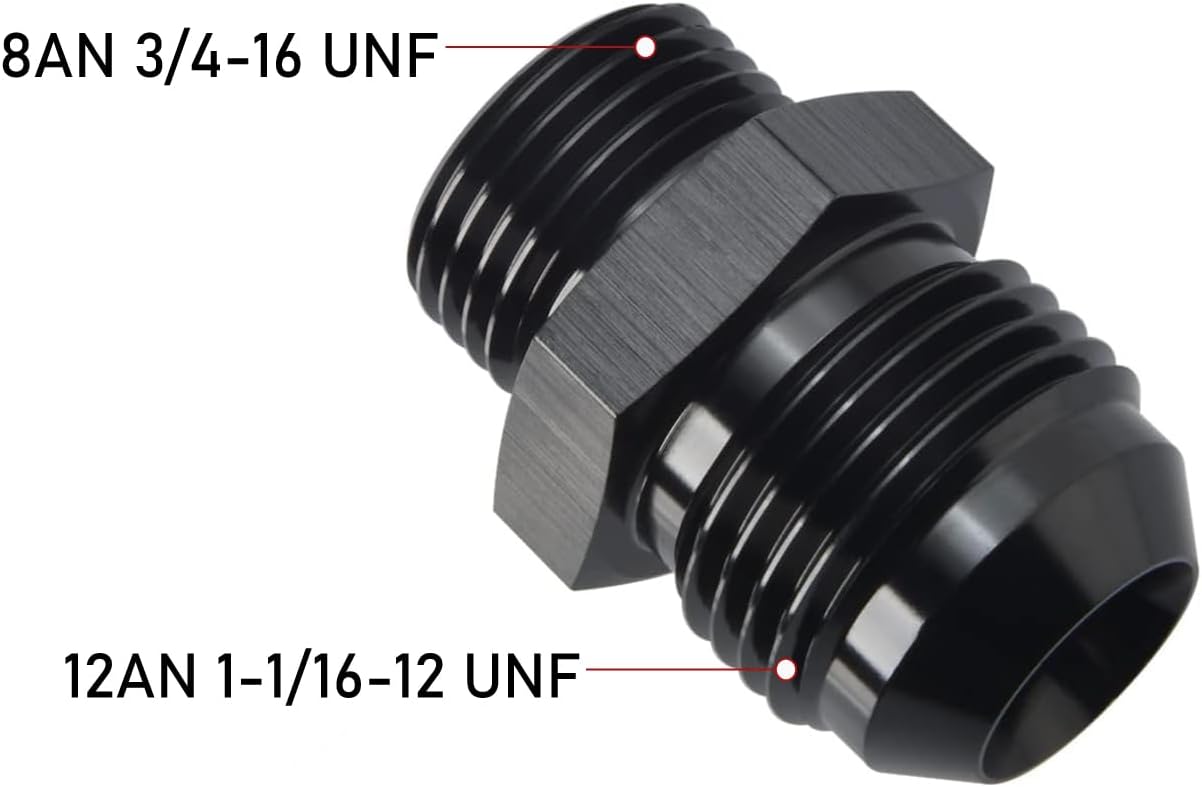 12AN Male Flare to 8AN 8 ORB O-ring Boss Fuel Rail Adapter Fitting Aluminum Black